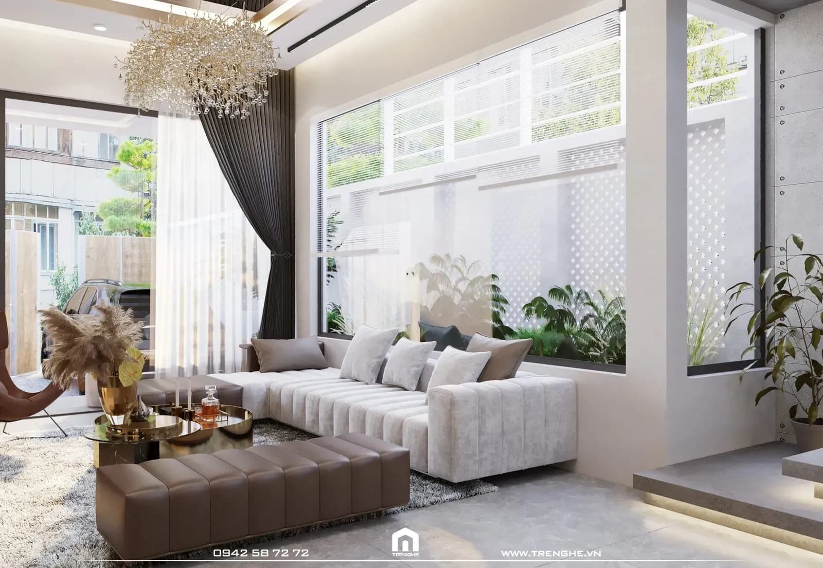 Mẫu thiết kế phòng khách nhà phố kiểu hiện đại với không gian bố trí hợp lý