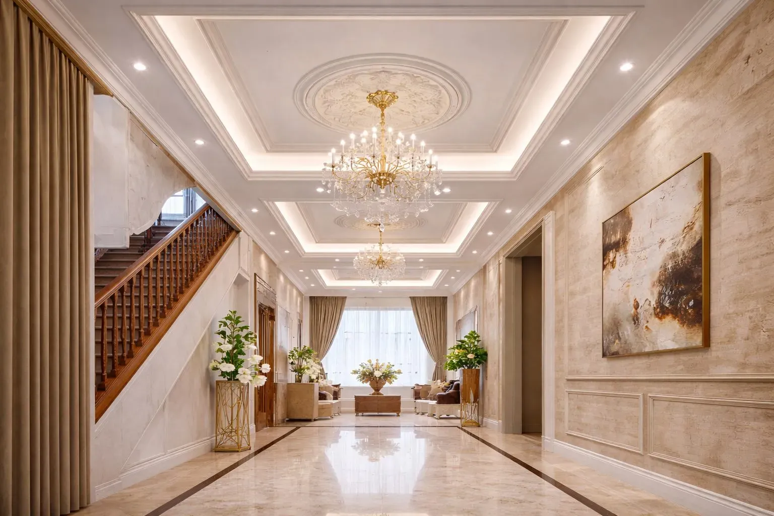 Mẫu trần thạch cao cho nhà ống kết hợp đèn chùm