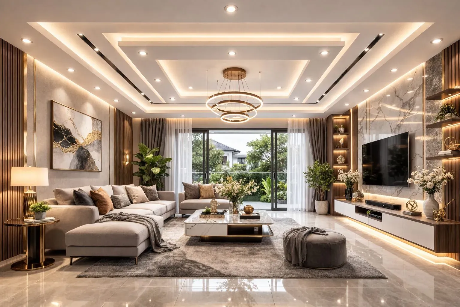 Mẫu trần thạch cao giật cấp phòng khách hiện đại