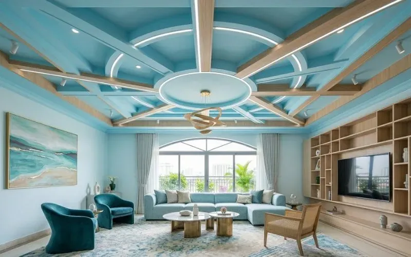 Mẫu trần thạch cao kết hợp gỗ trang trí độc đáo, ấn tượng