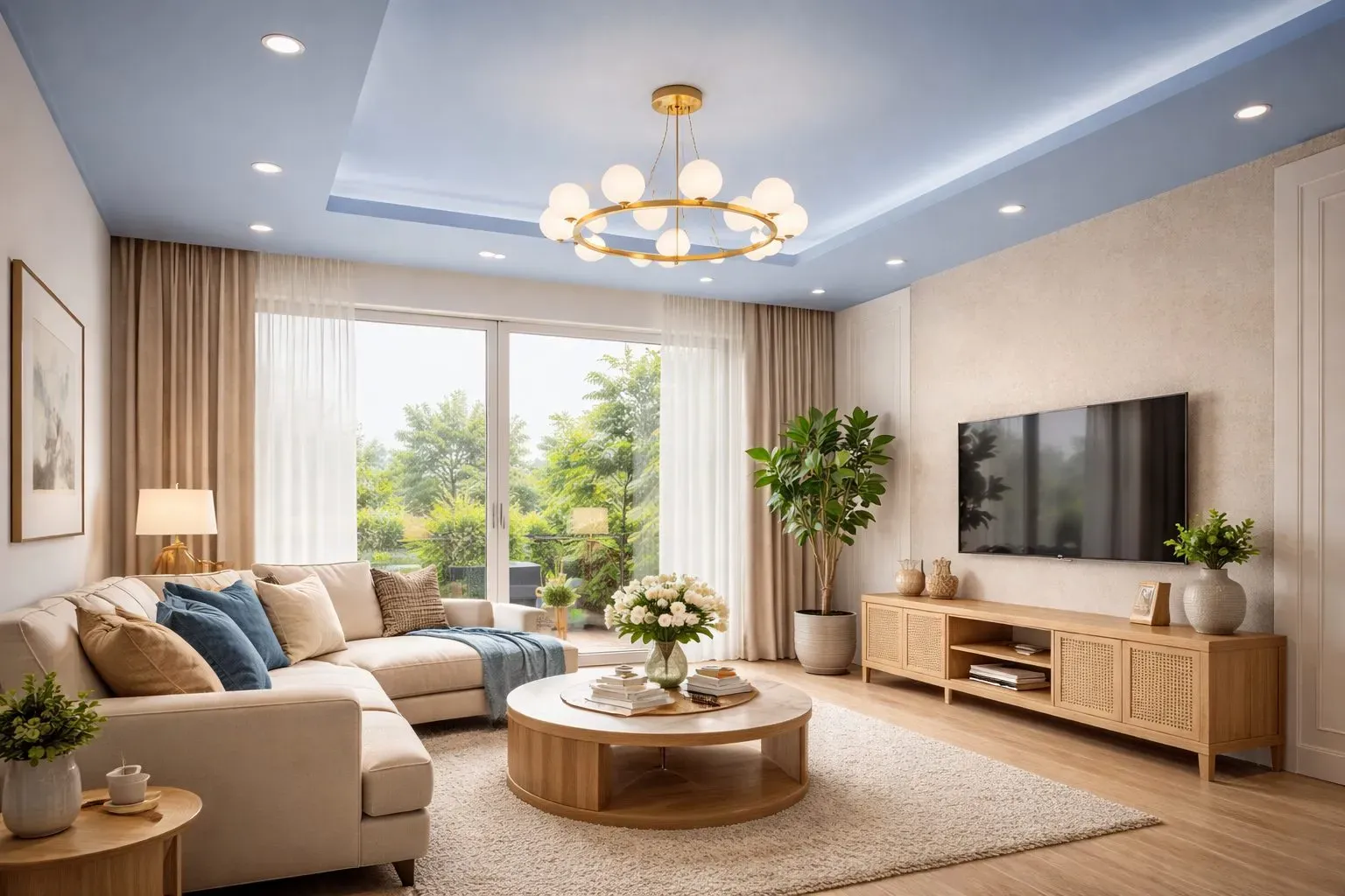 Mẫu trần thạch cao phòng khách tối giản với tone xanh biển