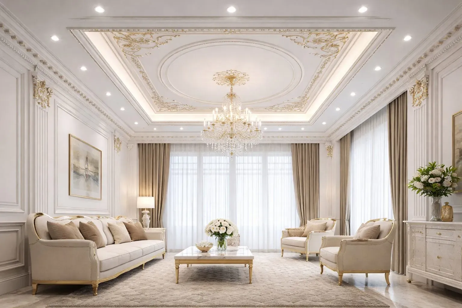Mẫu trần thạch cao với các chi tiết mạ vàng phong cách cổ điển sang trọng