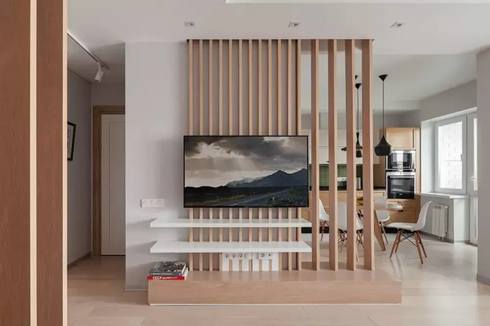 Mẫu vách ngăn kết hợp kệ tivi phong cách tối giản
