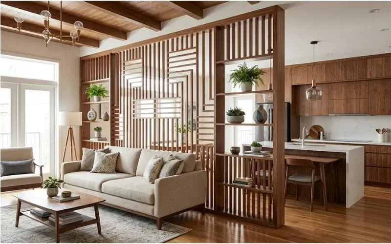 Mẫu vách ngăn phòng khách và bếp bằng gỗ hiện đại