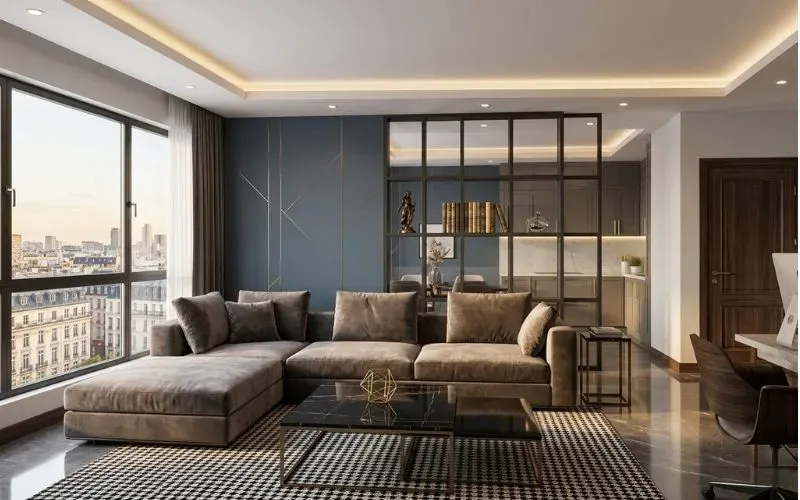 Mẫu vách ngăn phòng khách và bếp kết hợp kệ trang trí tiện nghi