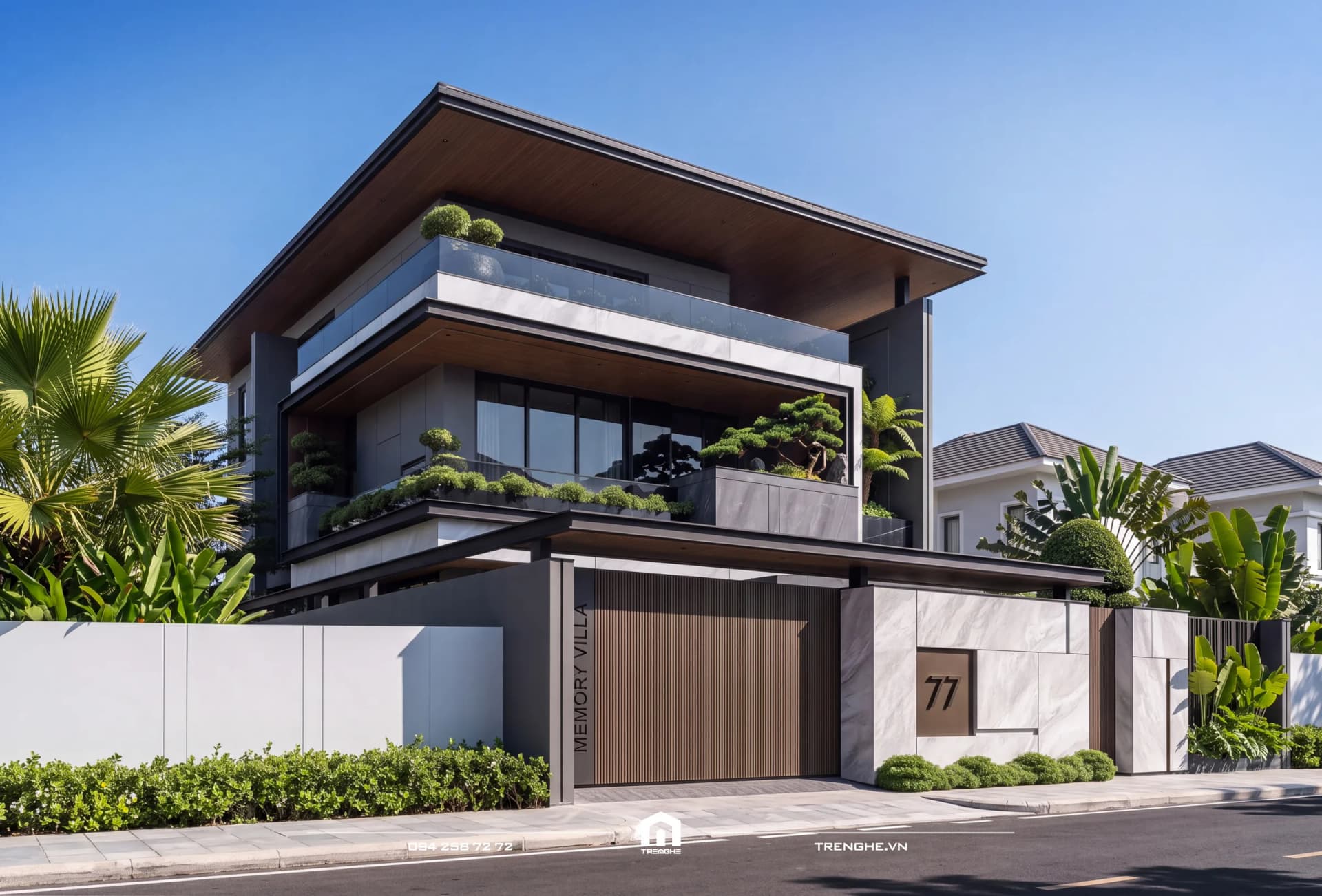 Biệt thự mái Nhật hiện đại Memory Villa ban ngày: mái ngói xám vươn rộng, trần ốp gỗ, ban công trồng bonsai, cổng gỗ và tường rào đá xám số 77