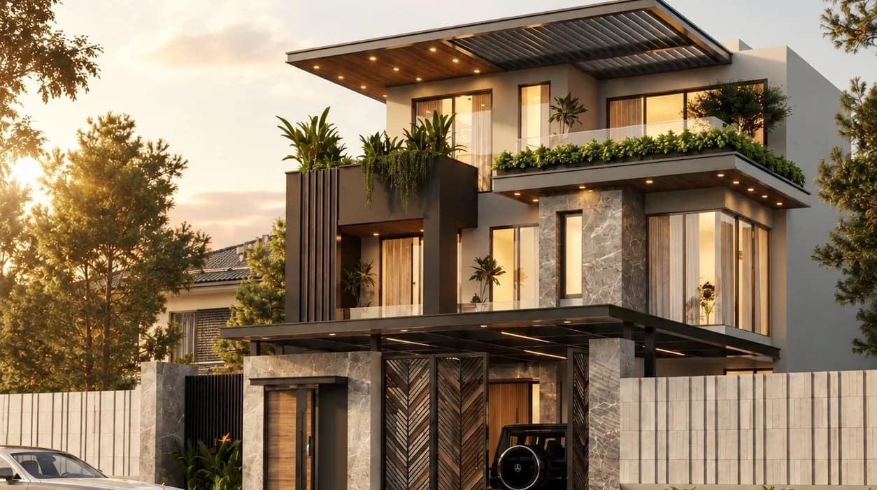 Mặt tiền N’ Villa – biệt thự hiện đại 3 tầng lúc hoàng hôn
