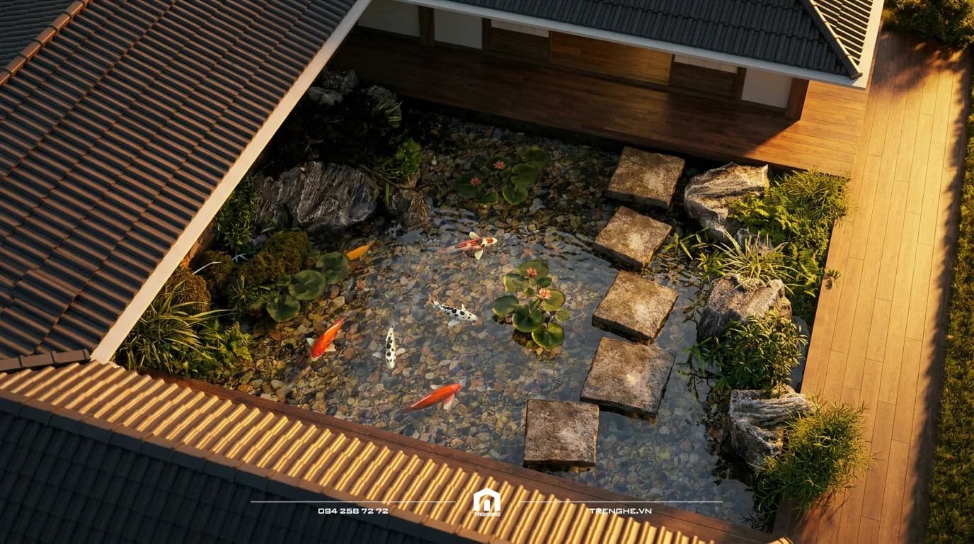 Hồ cá koi giữa sân trong N’ Villa nhìn từ trên cao, bao quanh là mái ngói xám và sàn gỗ