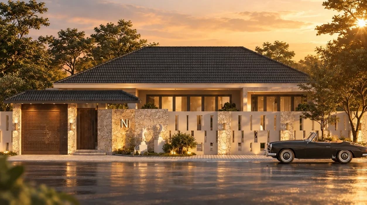 Nhà vườn N’ Villa một tầng mái ngói lúc hoàng hôn