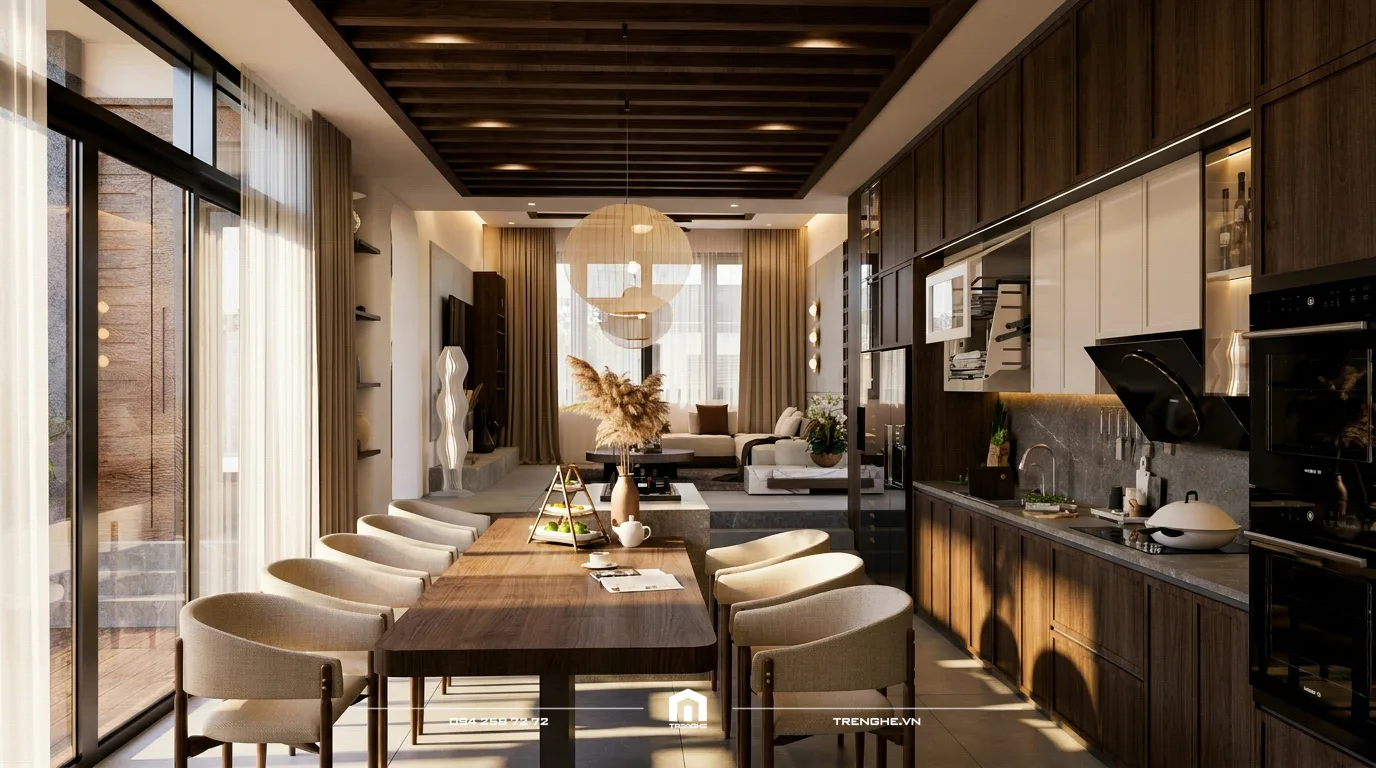 Phòng ăn N’ Villa nối liền phòng khách, bàn ăn gỗ dài 8 ghế giữa hệ cửa kính lớn và tủ bếp gỗ