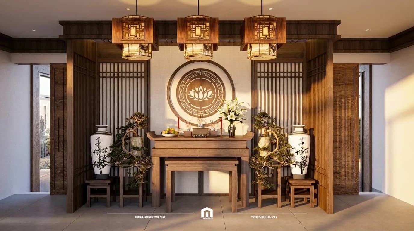 Phòng thờ N’ Villa với bàn thờ gỗ, ba đèn lồng gỗ phía trên, hai chậu bonsai và hai bình gốm sứ hai bên