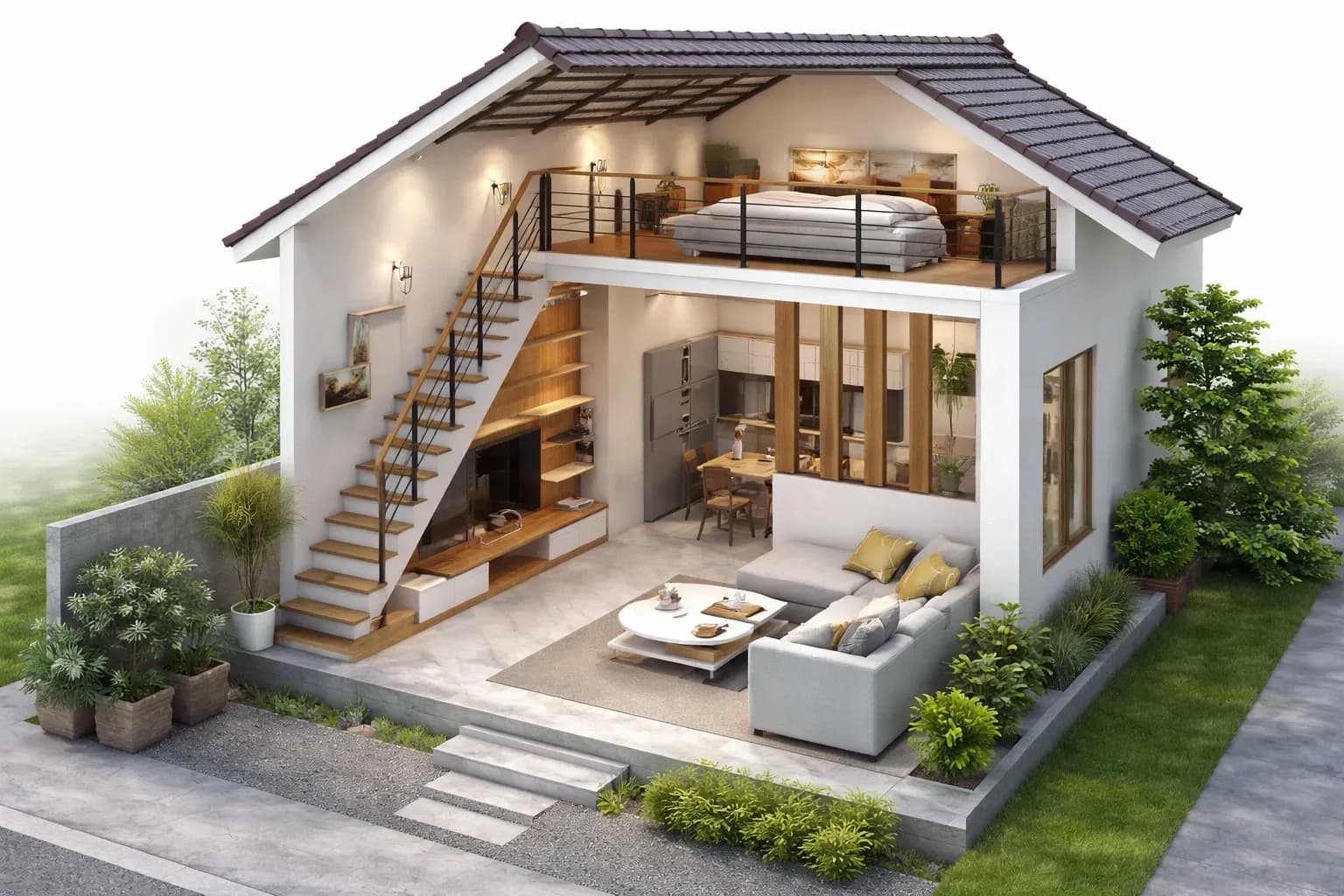 Nhà cấp 4 gác lửng 200 triệu 1 phòng ngủ hiện đại