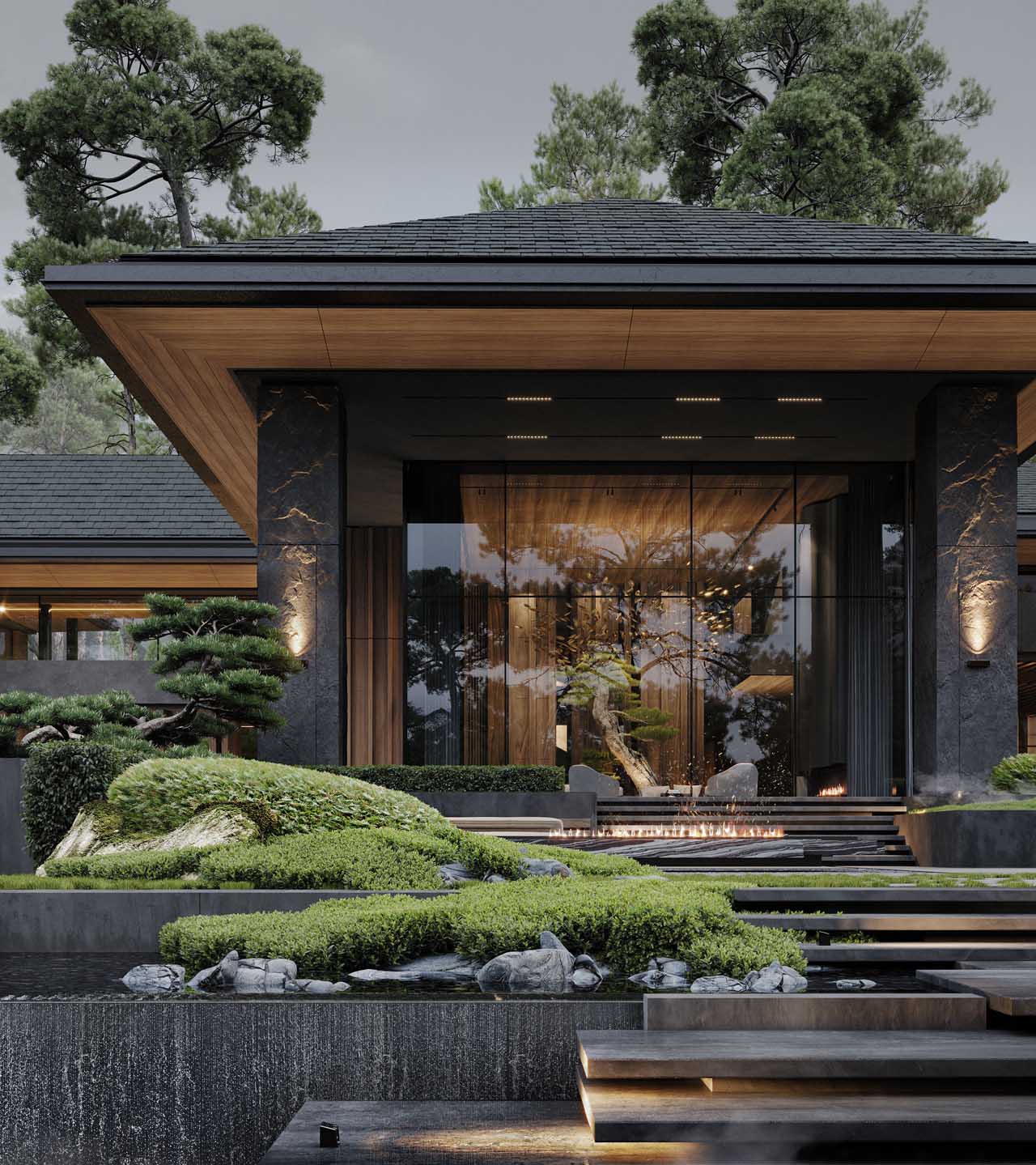 Nhà mái Nhật sân vườn trồng cây bonsai