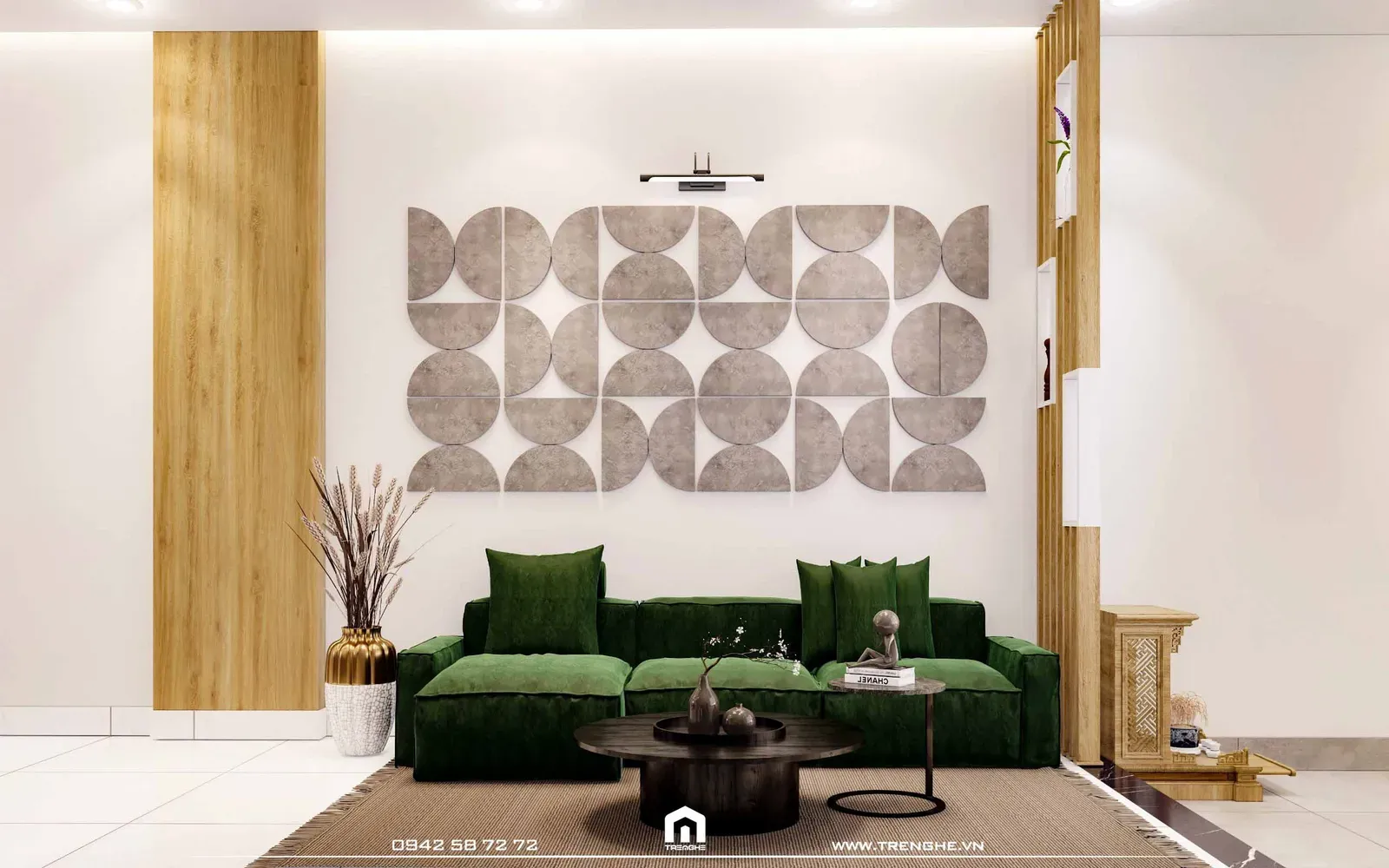 Bộ ghế sofa bọc vải màu xanh ngọc nổi bật giữa không gian phòng khách