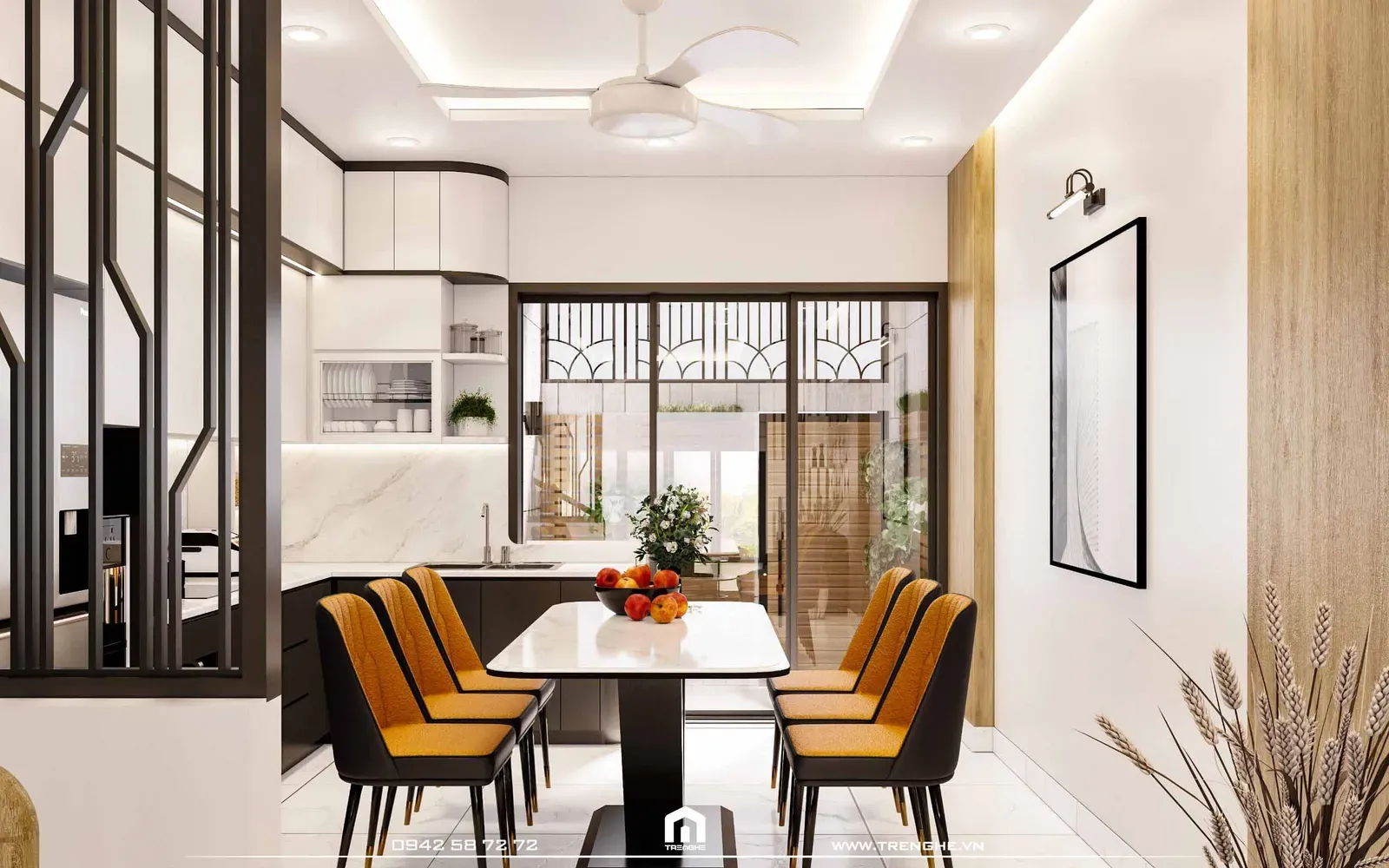 Bộ bàn ăn bọc da sang trọng tại gian bếp G’ House