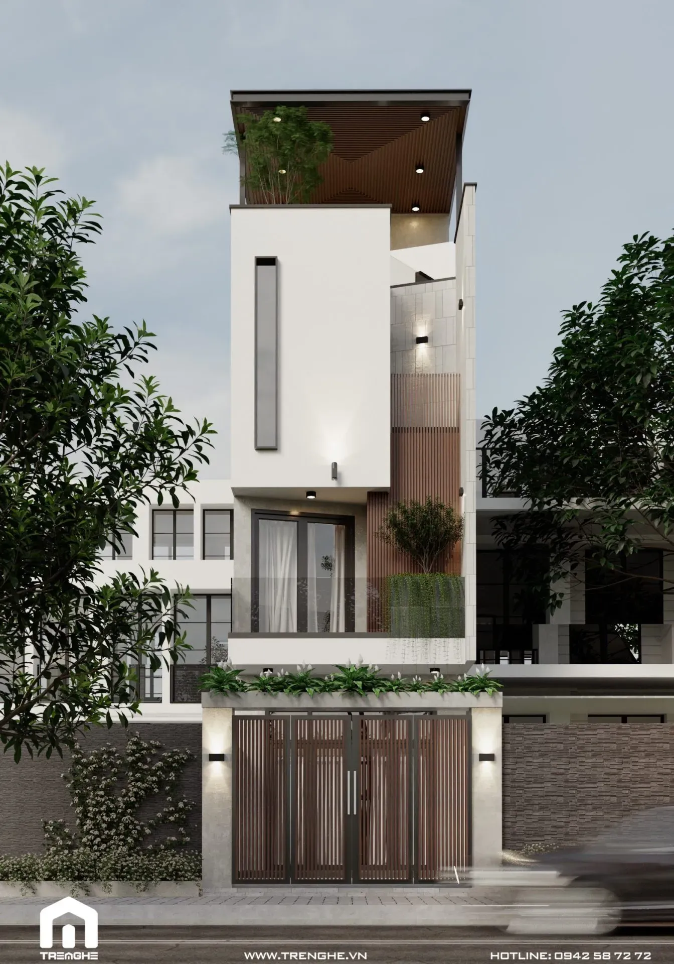 Thiết kế nhà ống với cổng nhà đồng bộ phong cách và màu sắc