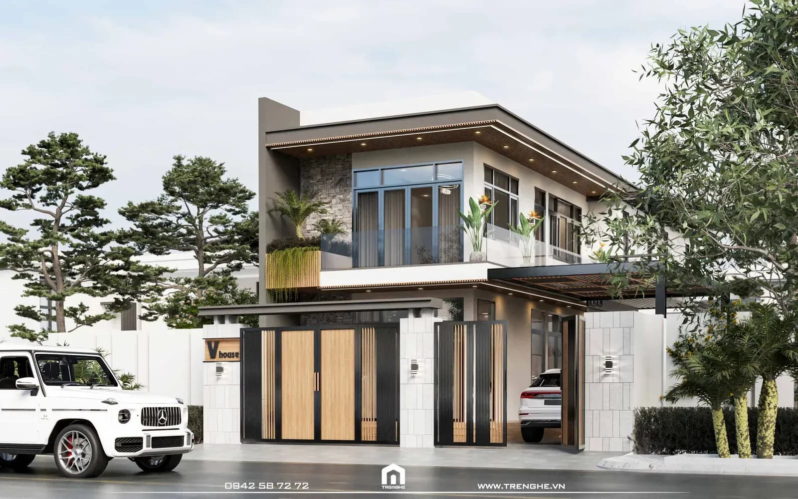Mặt tiền nhà phố V’ House có 70% sử dụng vật liệu lam gỗ