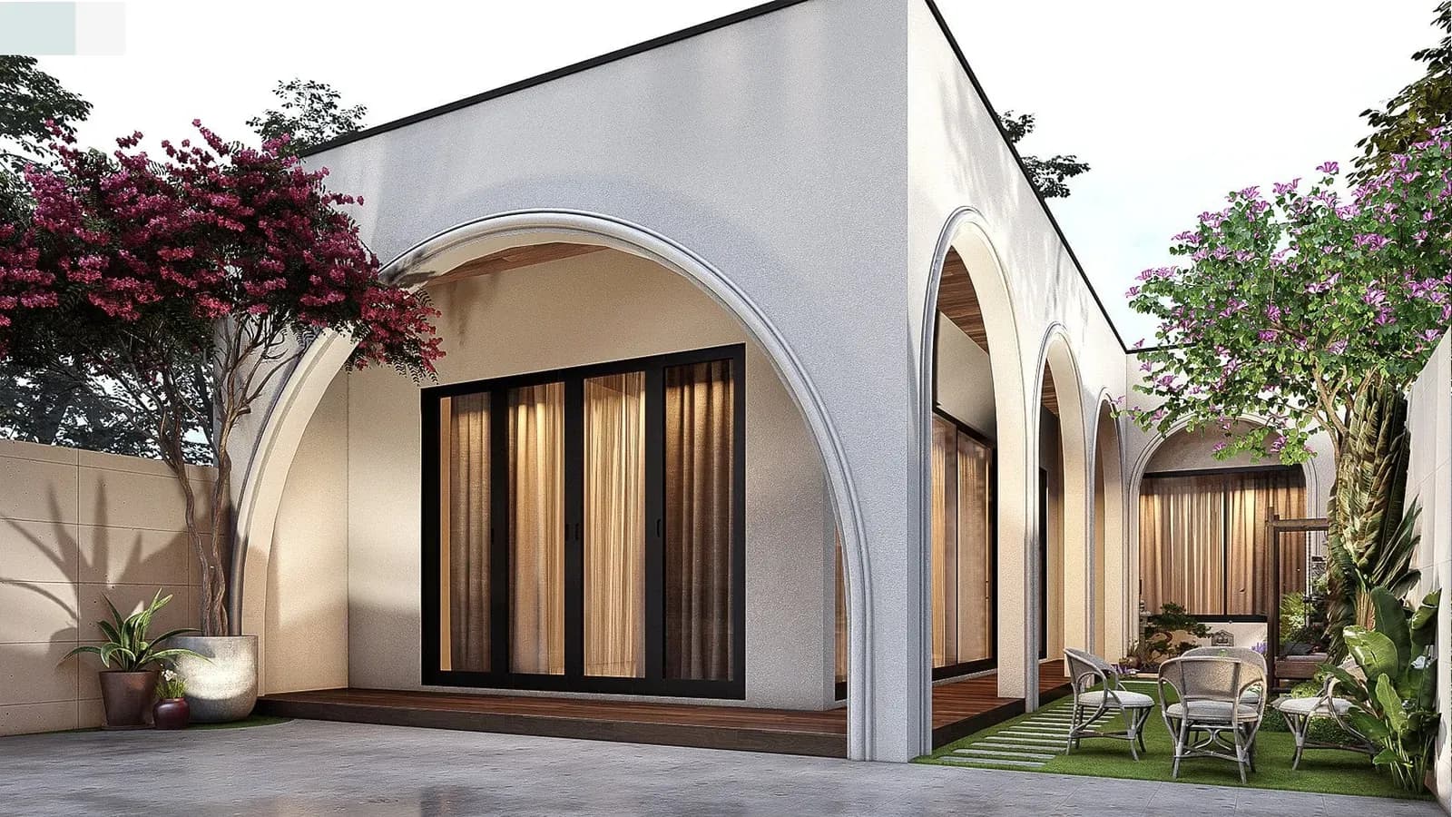 Nhà vườn chữ L thiết kế cửa vòm độc đáo