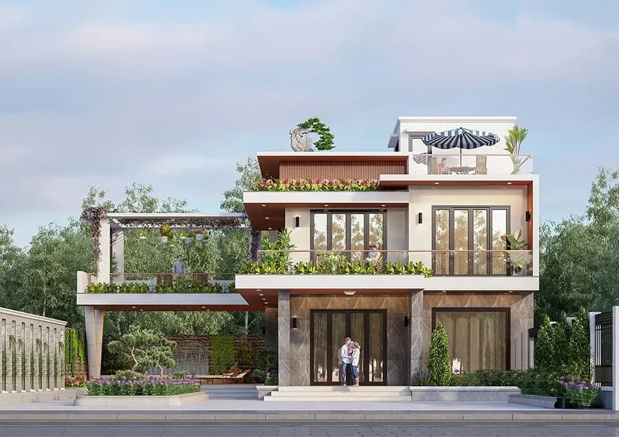 Nhà vườn hiện đại 2 tầng mái bằng