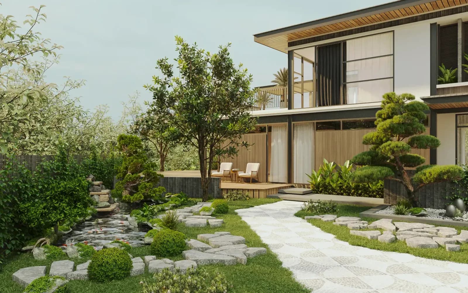 Nhà vườn hiện đại sử dụng vật liệu gỗ nâu ấm cúng