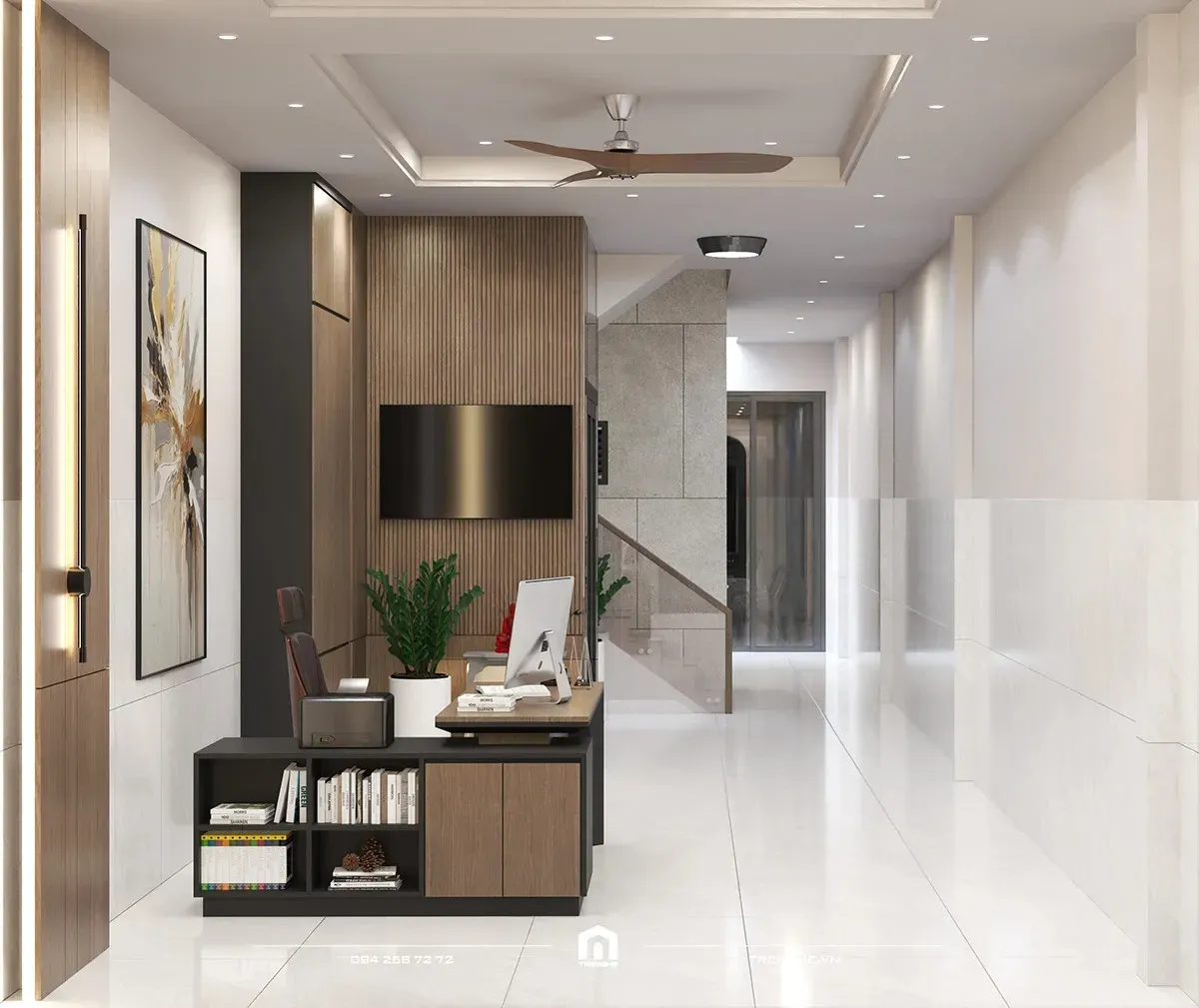 Không gian đón tiếp sang trọng tại phòng khách DH' House nổi bật với mảng tường ốp đá vân mây nghệ thuật