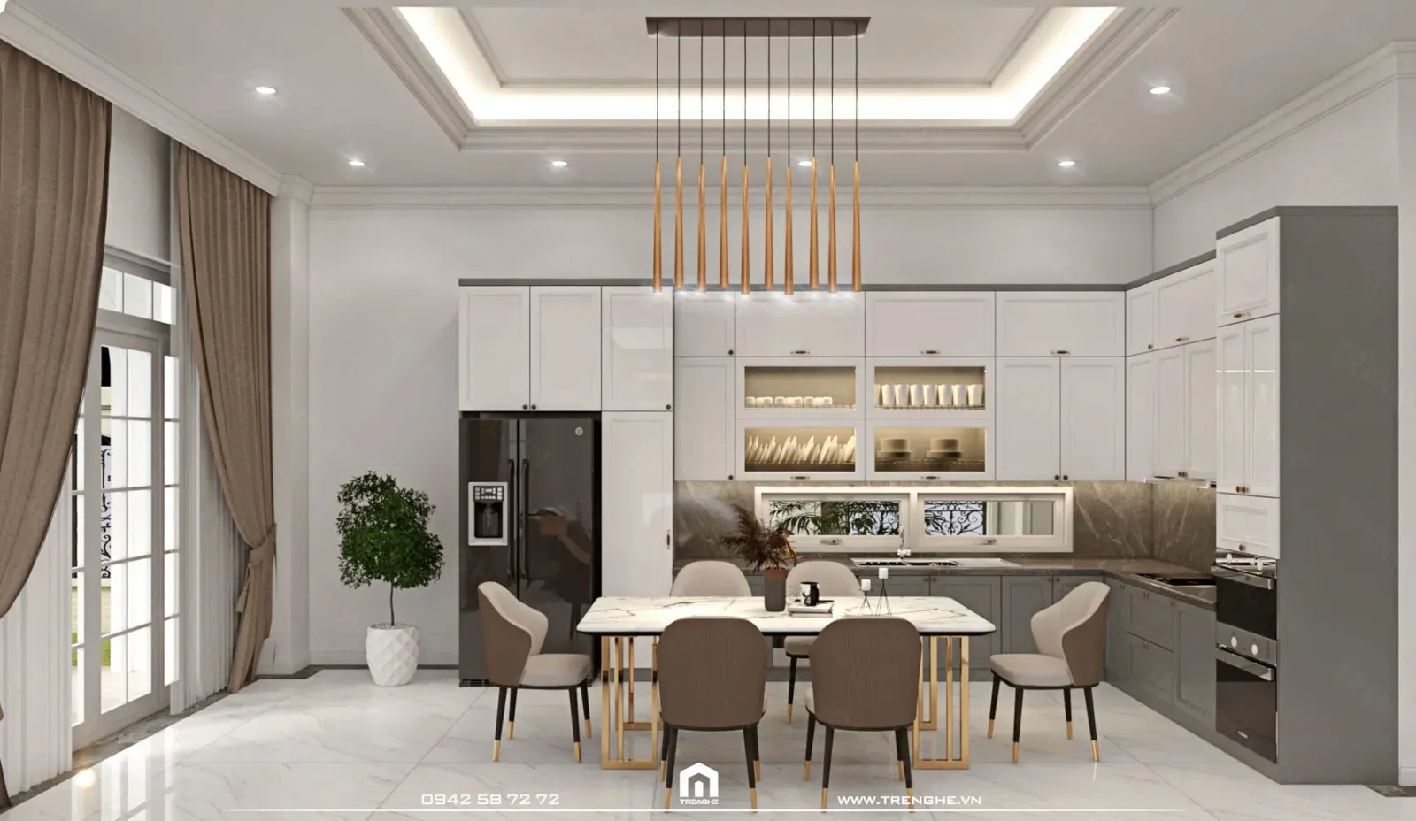 Khu vực bếp dùng chất liệu gỗ chủ yếu tăng thêm sự ấm cúng