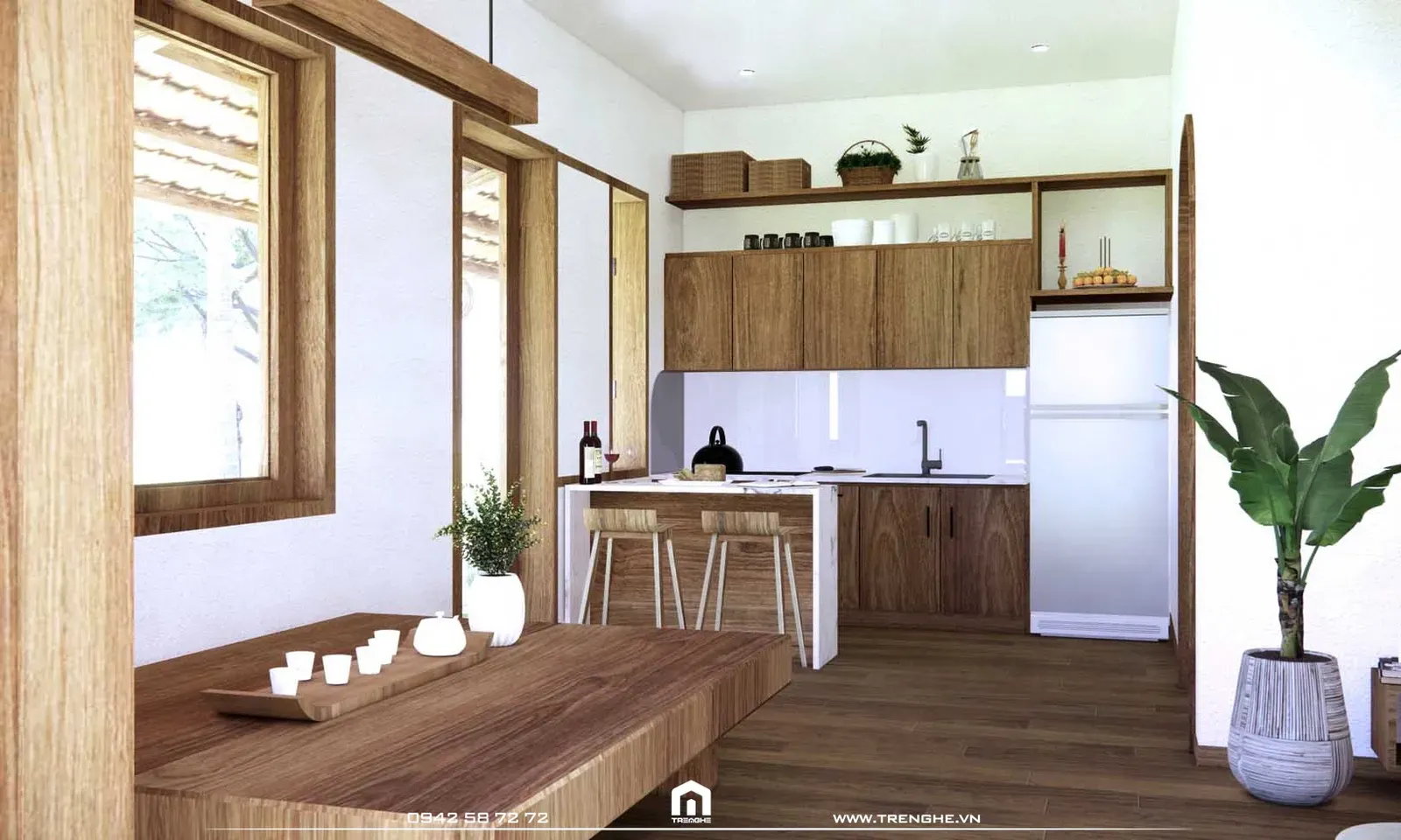 Phòng bếp phong cách Rustic sử dụng gỗ thô mộc