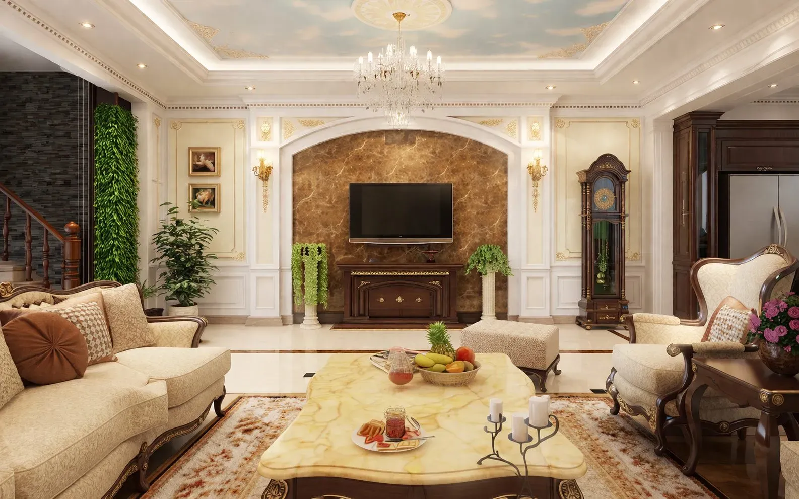 Phòng khách được kết hợp phào chỉ PU hiện đại