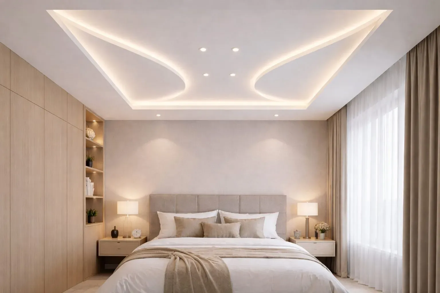 Phòng ngủ với thiết kế trần thạch cao uốn cong chữ X