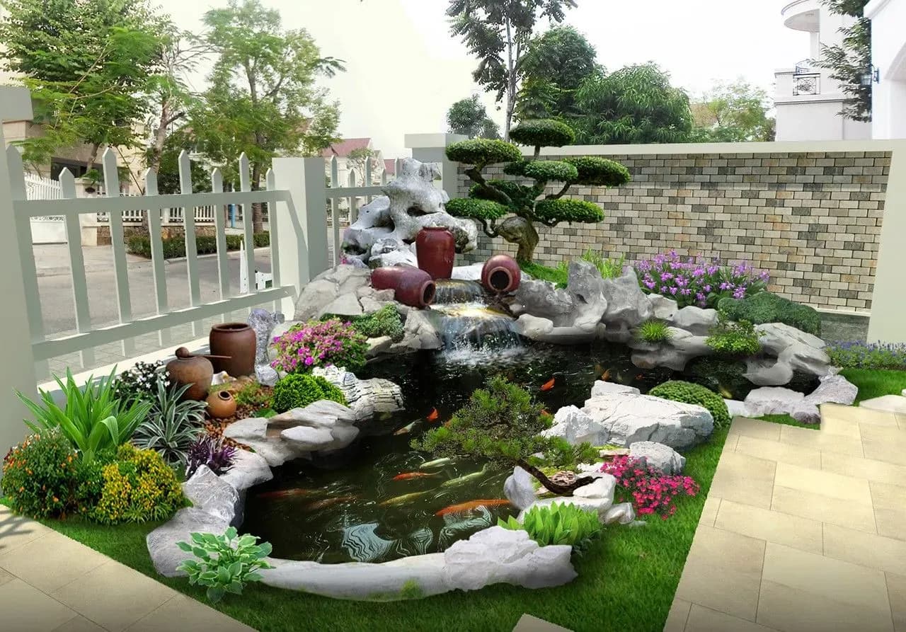 Sân vườn có hồ cá koi đẹp phong cách Nhật