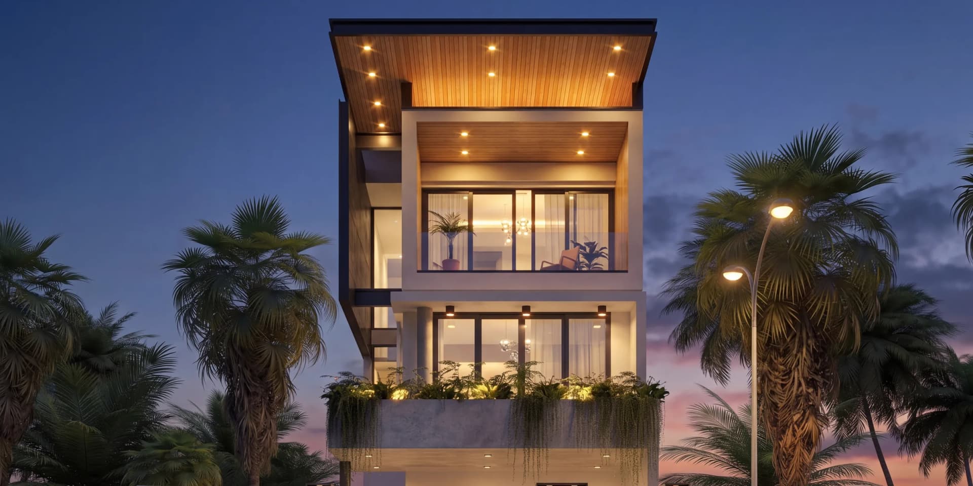 Nhà phố T’ House Hòa Long lúc lên đèn, khối nhà vuông vức dưới mái bằng ốp lam gỗ giữa hàng cọ