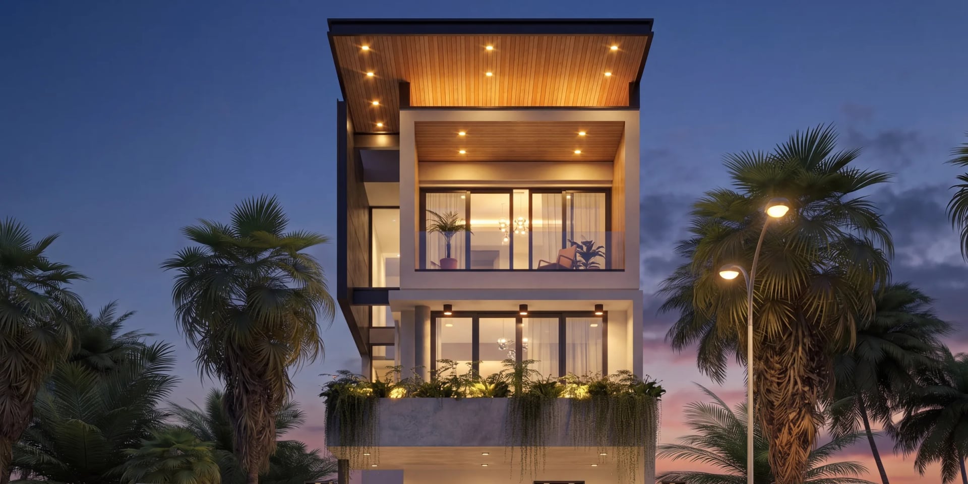 Nhà phố T’ House Hòa Long lúc lên đèn, khối nhà vuông vức dưới mái bằng ốp lam gỗ giữa hàng cọ