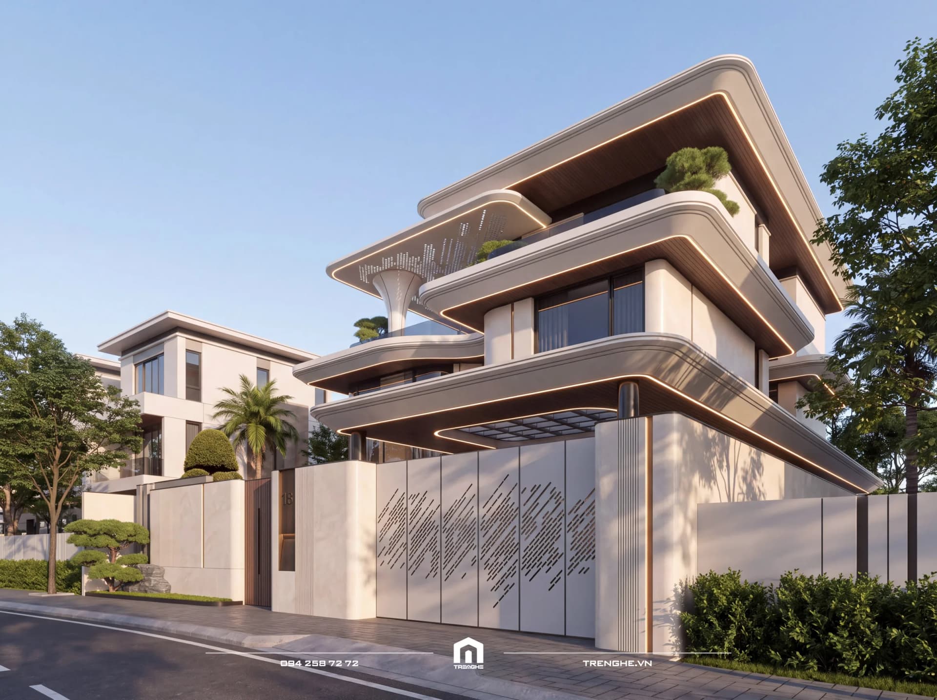 Biệt thự The Silk 18 Villa nhìn góc nghiêng: các tầng sàn uốn lượn viền đèn LED, trần gỗ, mái lam đục lỗ trên cột hình phễu và cổng kim loại đục họa tiết