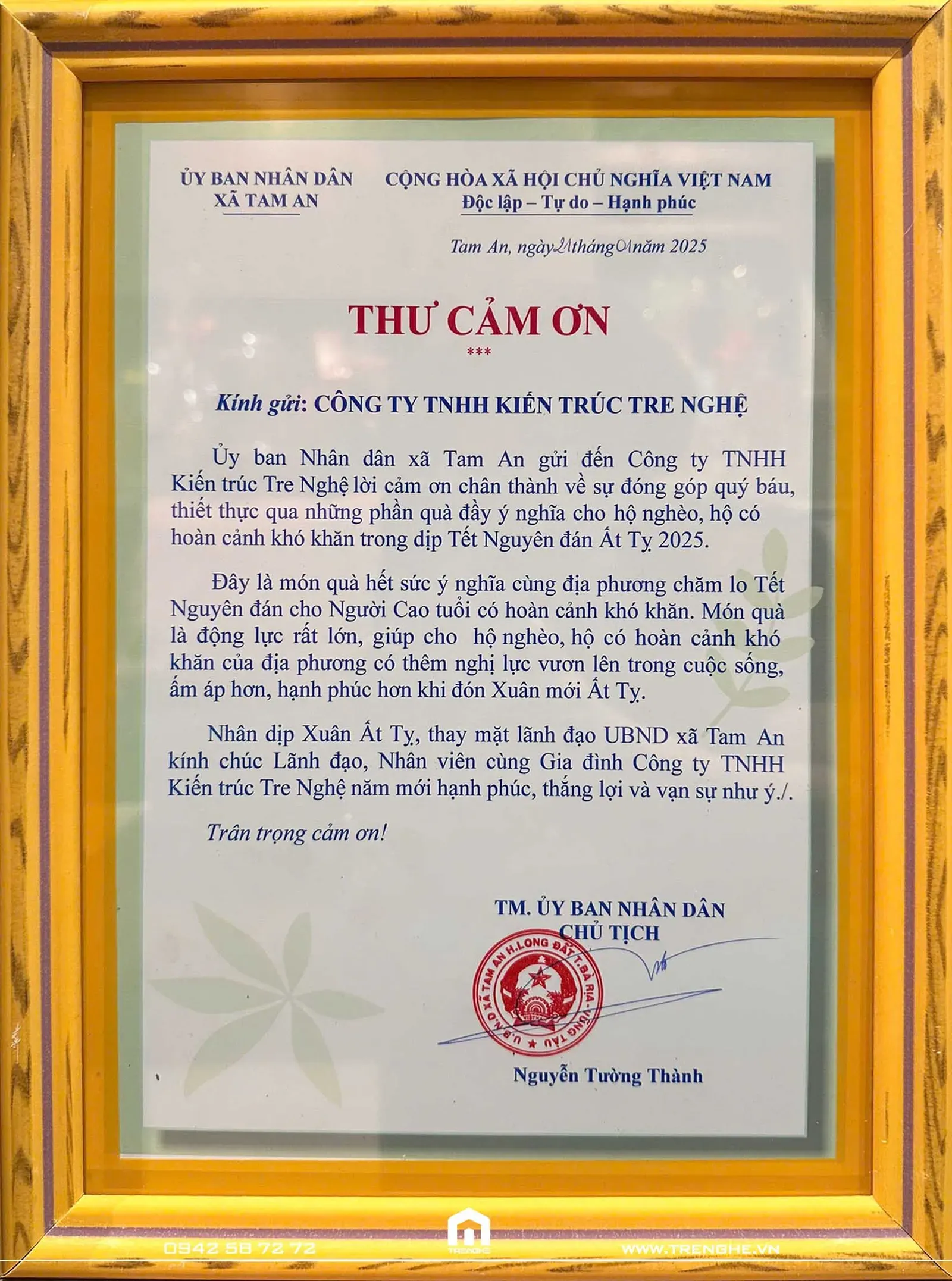 Thư cảm ơn từ UBND xã Tâm An gửi đến Tre Nghệ