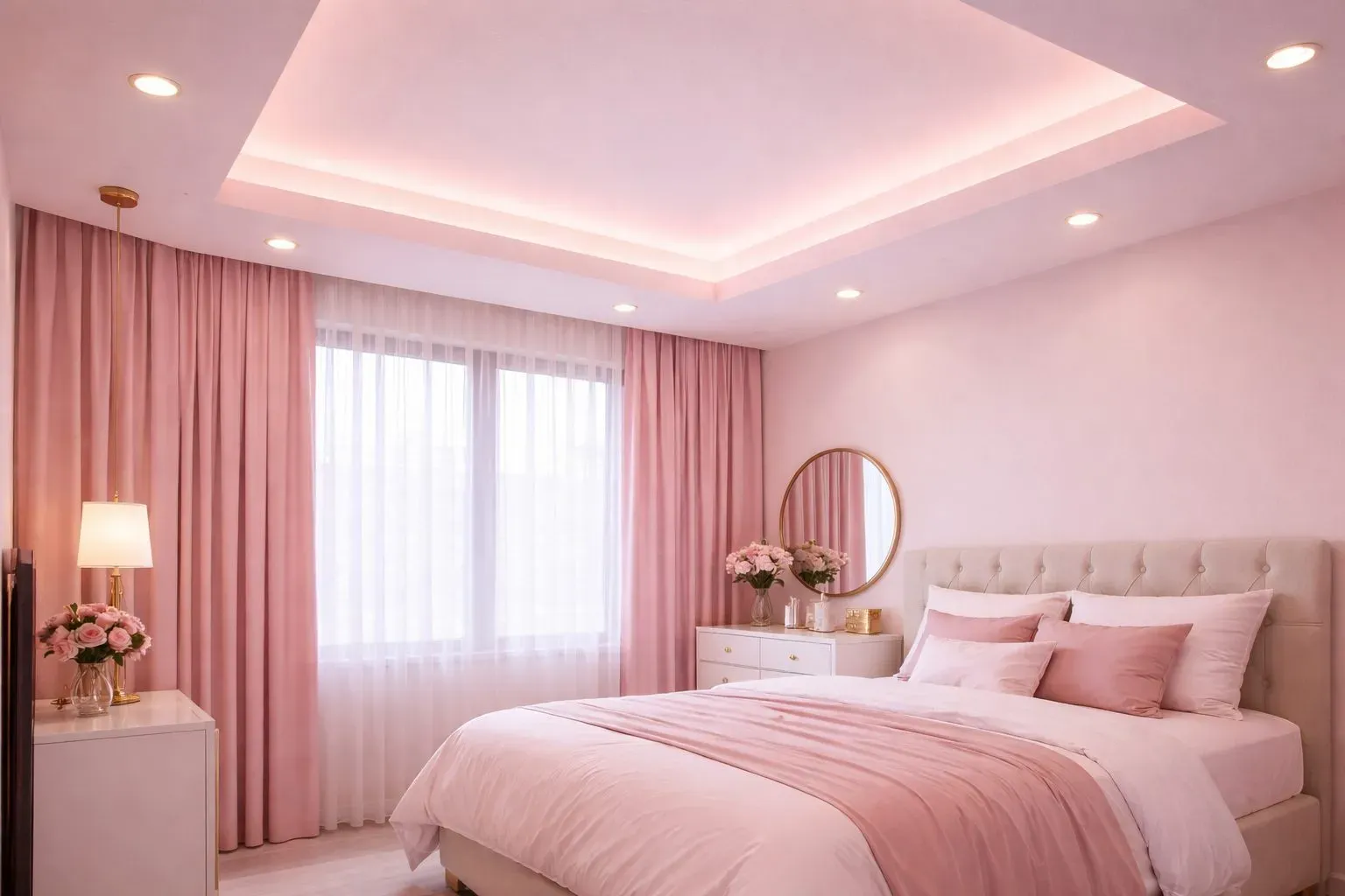 Trần thạch cao phòng ngủ màu hồng giật cấp nhẹ hiện đại