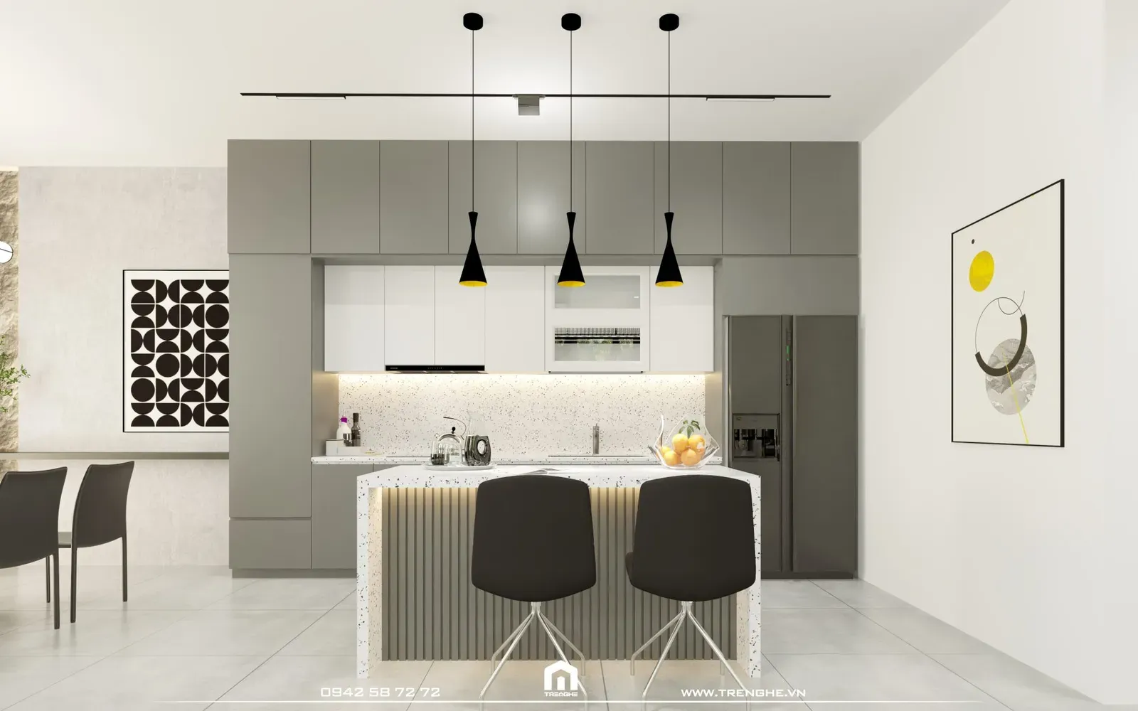 Hệ tủ bếp đụng trần màu xám tinh tế và tiện nghi