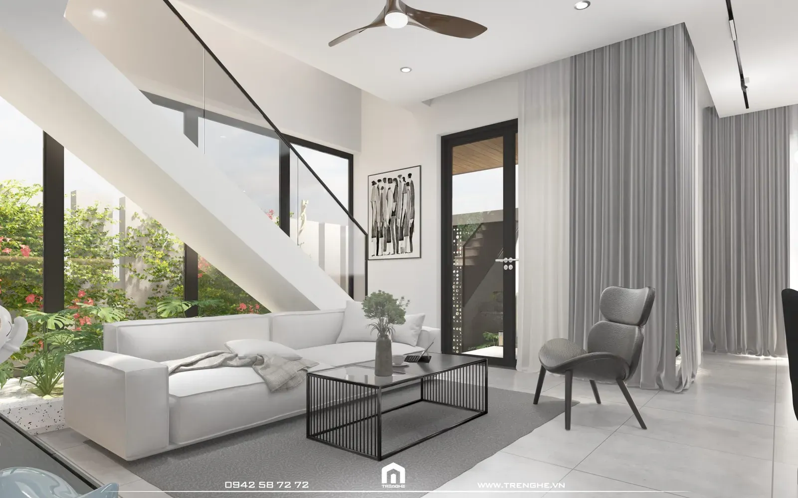 Bộ sofa chữ I màu kem, lưng tựa tiểu cảnh xanh