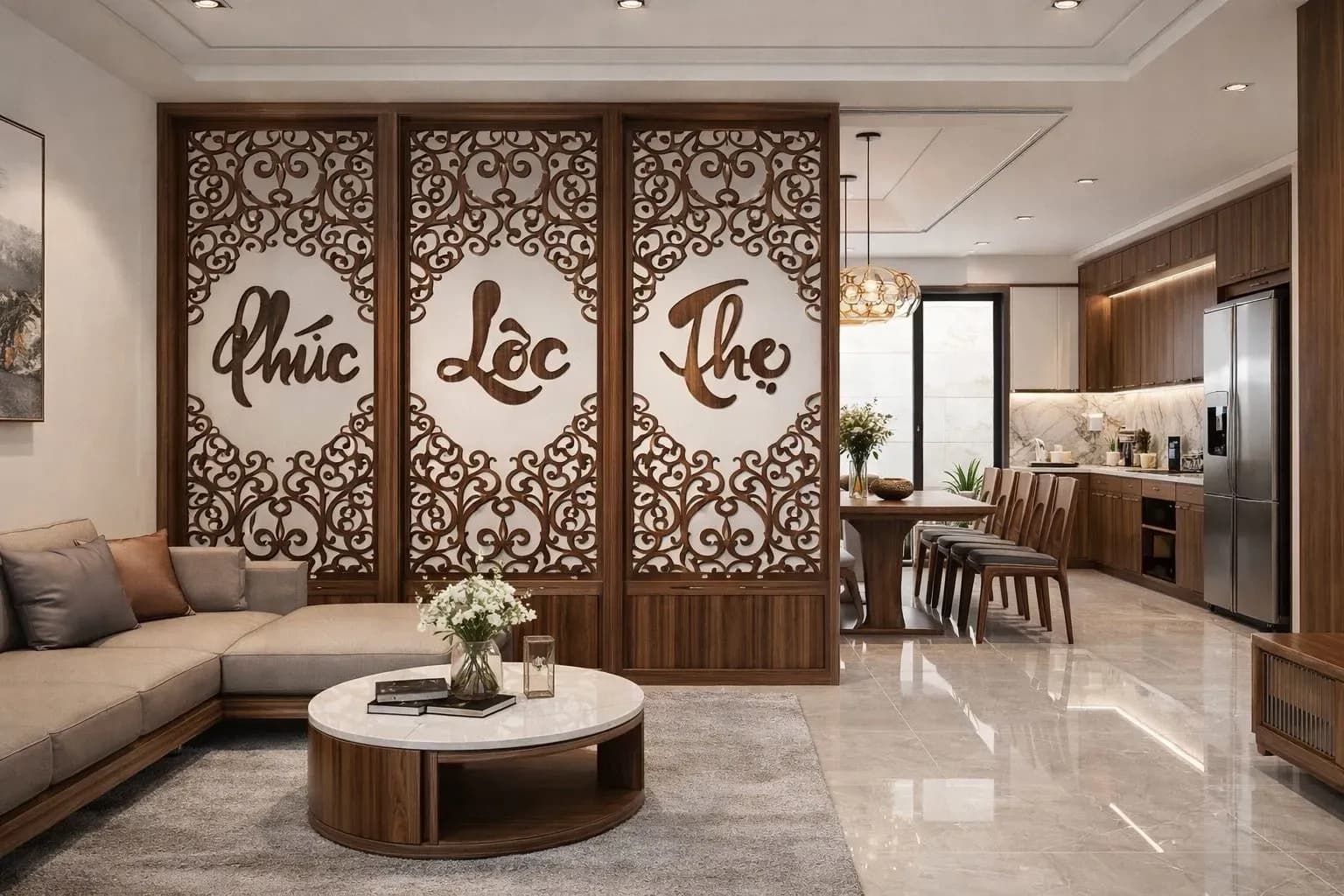 Vách ngăn CNC với các họa tiết chữ Phúc - Lộc - Thọ nghệ thuật