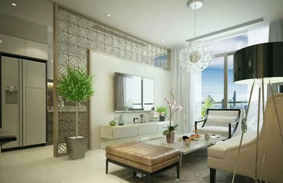 Vách ngăn phòng khách và bếp tích hợp kệ tivi mới lạ