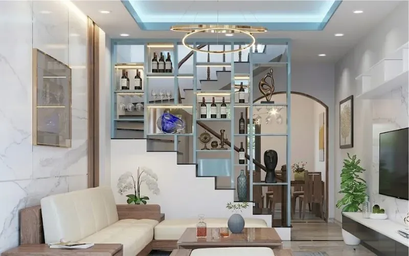 Vách ngăn phòng khách và bếp tích hợp tủ rượu với gam màu xanh biển nhạt