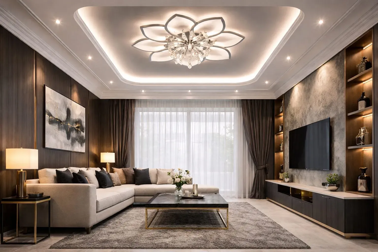 Vách thạch cao kết hợp trang trí hoa nổi bật tạo không gian phòng khách ấn tượng