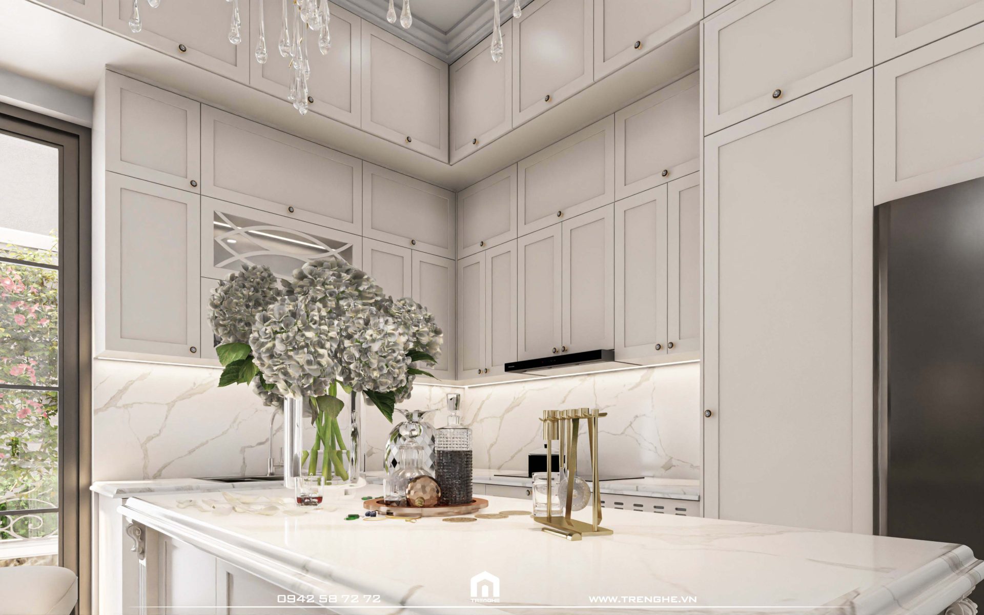 Hệ thống đèn và hoa tươi cũng được tập trung thiết kế cho gian bếp BA‘ Villa